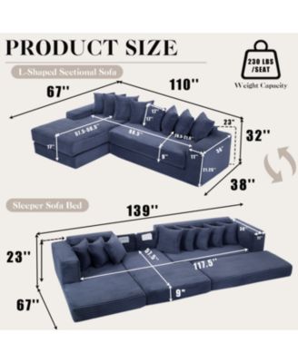 Streamdale Oversize Cloud Couch L-Shape Sleeper Sofa Bed, 8 Pillows, Corduroy, Blue