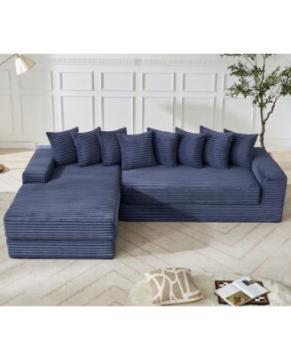 Streamdale Oversize Cloud Couch L-Shape Sleeper Sofa Bed, 8 Pillows, Corduroy, Blue