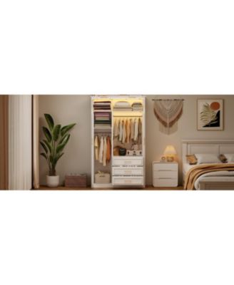 4-Door Wardrobe Armoire Closet w/ LED & 3 Drawers - White