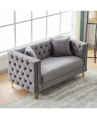 58" Chesterfield Velvet Sofa, 2 Seater, Button Nailhead, Square Arm - Grey