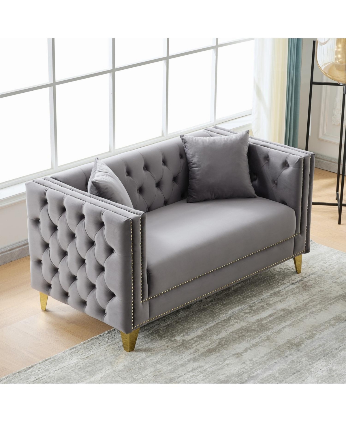 Streamdale Furniture 58" Chesterfield Velvet Sofa, 2 Seater, Button Nailhead, Square Arm - Grey