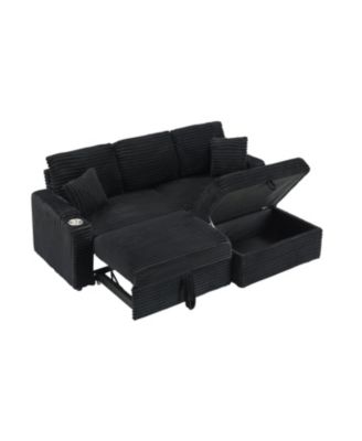  80" Corduroy Sofa with Reclining, Cup Holders & Removable Footstool, Black