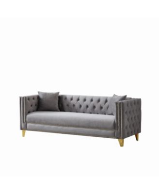 80" Chesterfield Velvet Sofa, 3-Seater, Button Nailhead, Grey