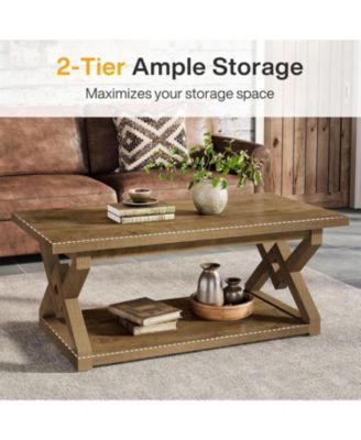 2-Tier Coffee Center Table for Living Room, 47.24-Inch Farmhouse Rectangle Tea Cocktail Table