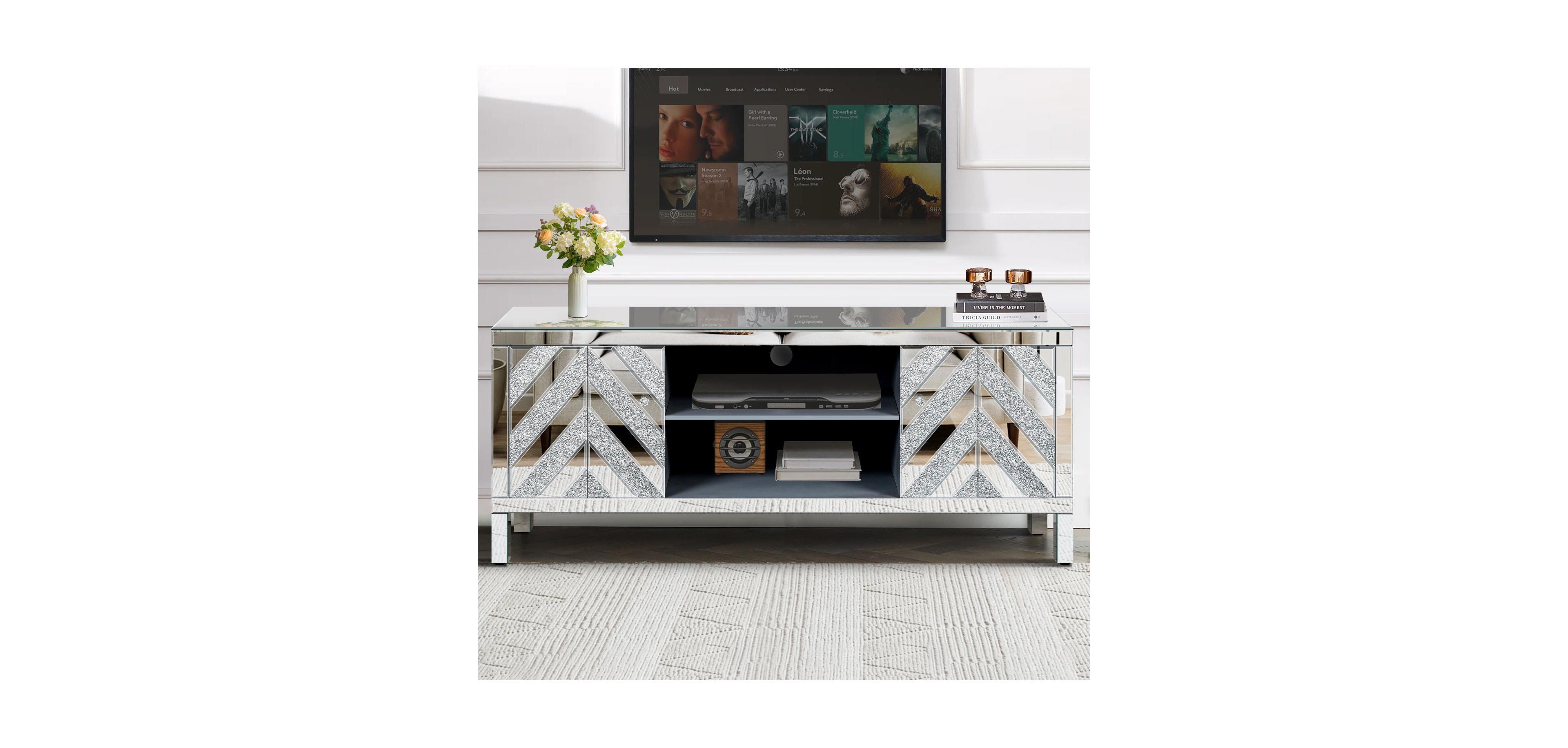 Streamdale Furniture Sparkling Mirrored Tv Stand for 65" TVs