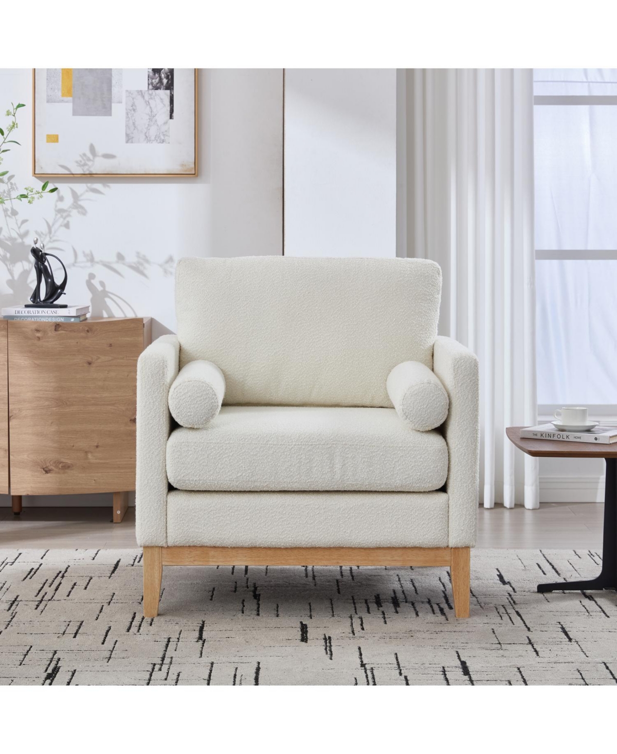 Streamdale Furniture 35.4" Wide Ivory Boucle Accent Chair with Wood Legs