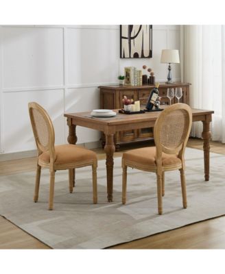 French Style Linen Rattan Dining Chairs, Set of 2, Tan