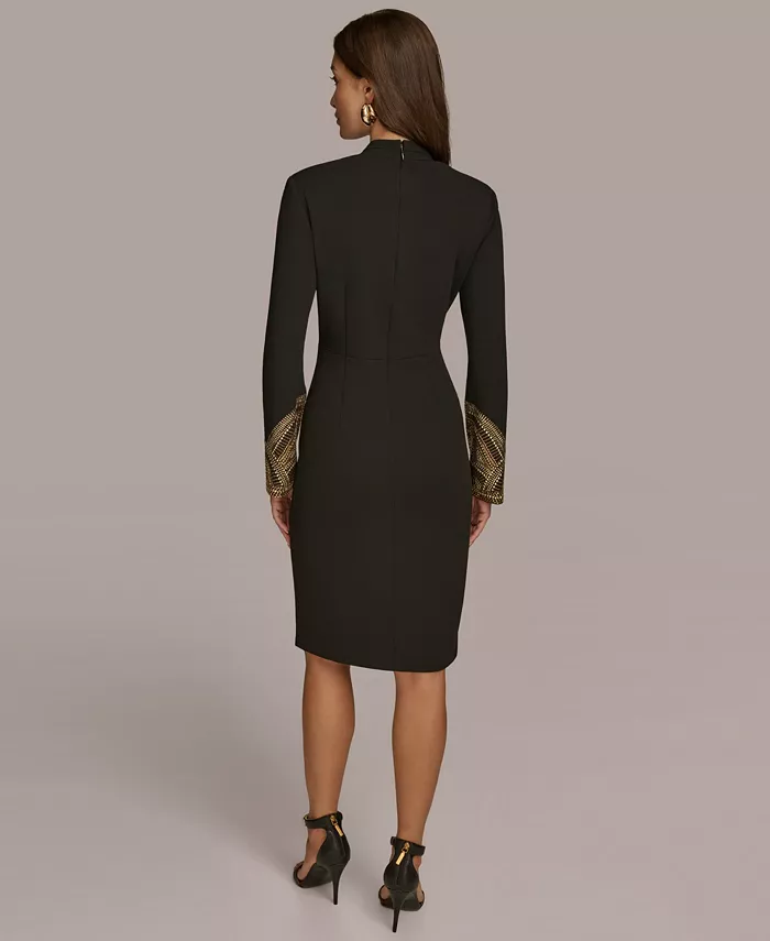 Women's Long-Sleeve V-Neck Hot Fix Sheath Midi Dress - thumbnail 5