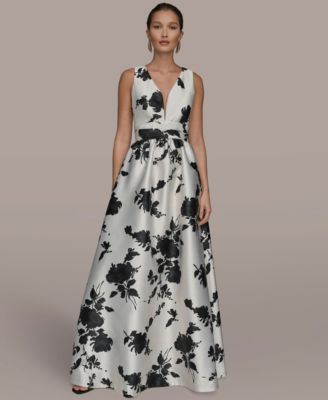 Women's Short Sleeve V-neck Floral Print Mikado Gown