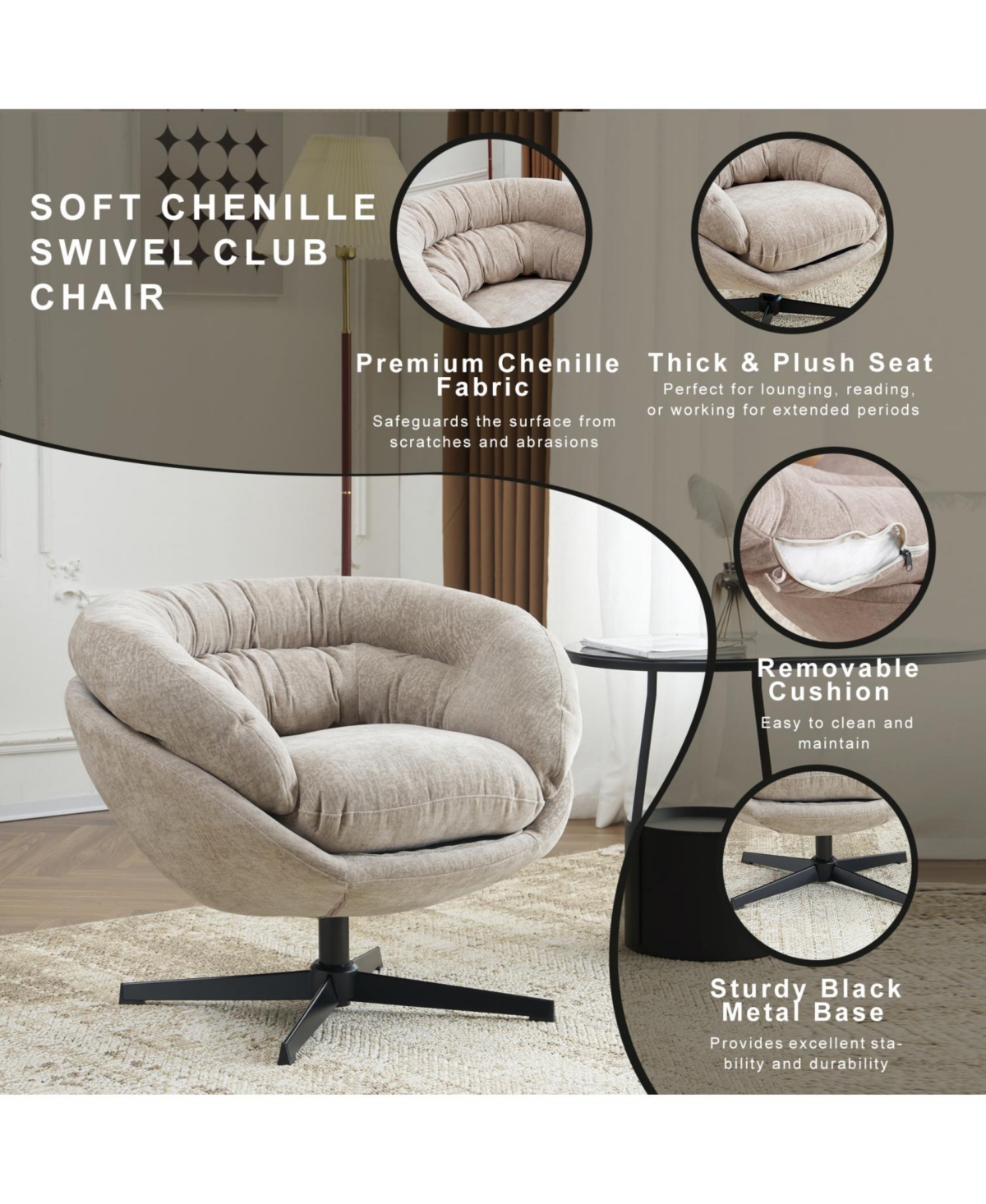 Streamdale Furniture 360 Swivel Round Club Chair with Black Metal Base (Brown)
