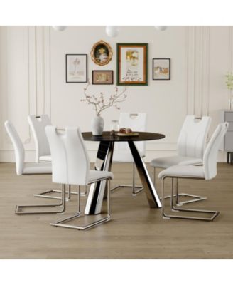 42" Round Sintered Stone Table & 6 White/Silver Chairs