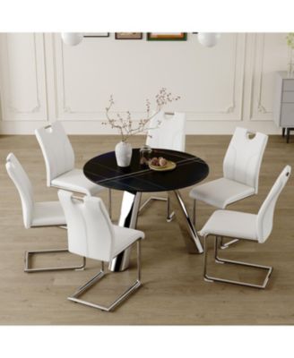 42" Round Sintered Stone Table & 6 White/Silver Chairs