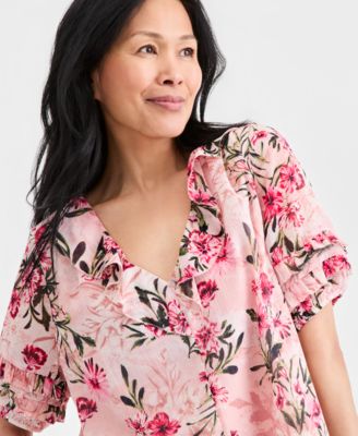Women's Printed Ruffled V-Neck Puff-Sleeve Top