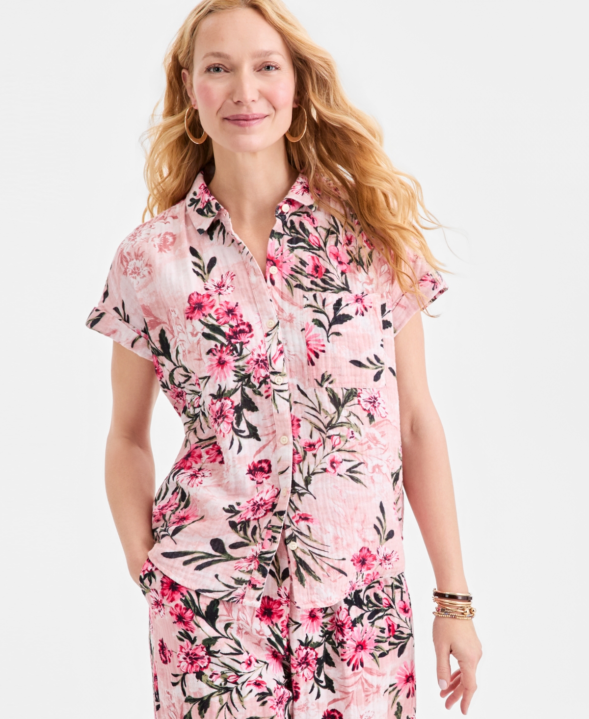 Style & Co Women's Cotton Gauze Short-Sleeve Button Up Shirt, Created for Macy's - Pink Floral