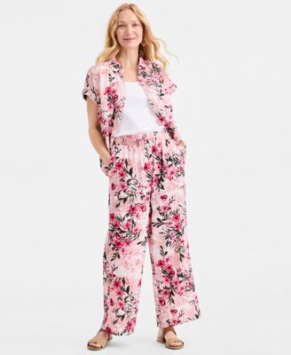 Women's Printed Cotton Gauze Straight-Leg Pull-On Pants