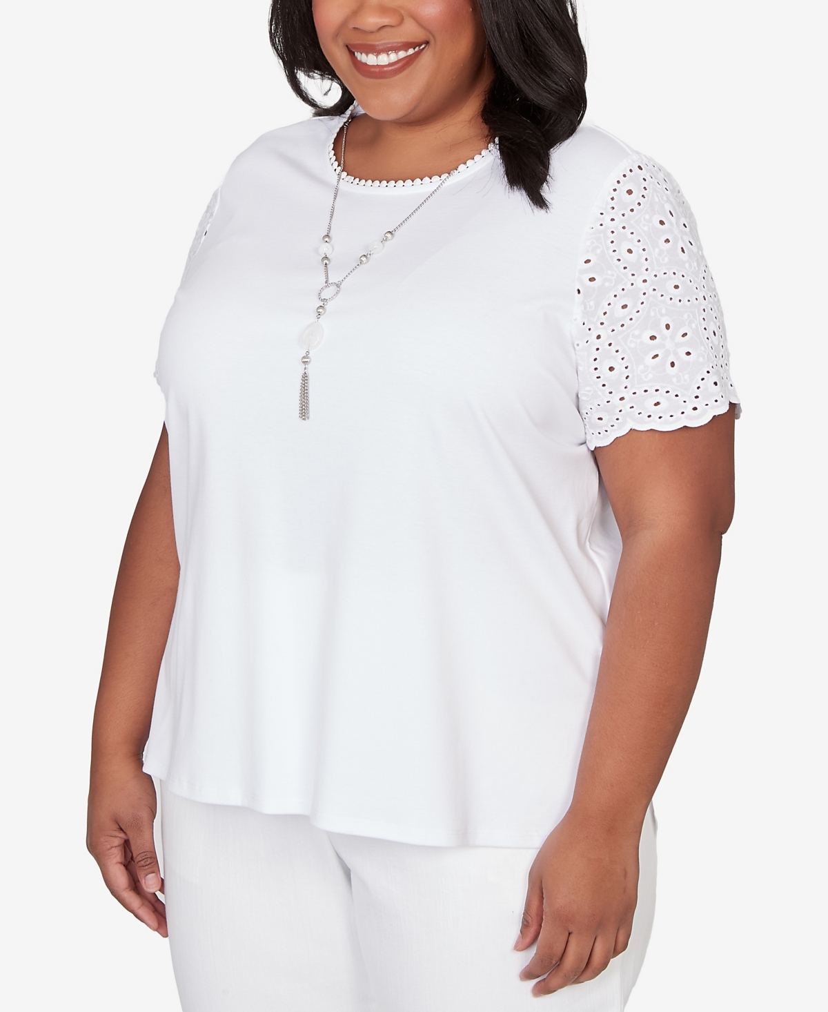 Alfred Dunner Plus Classic Solid Eyelet Sleeve T-Shirt with Necklace