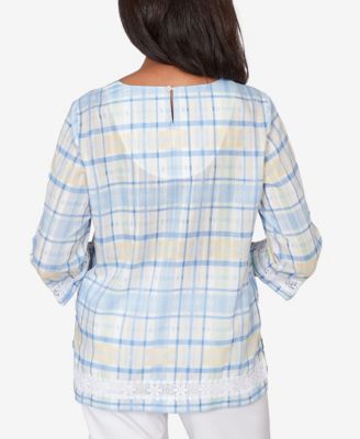 Plus Size Classic Plaid Embellished Lace Top