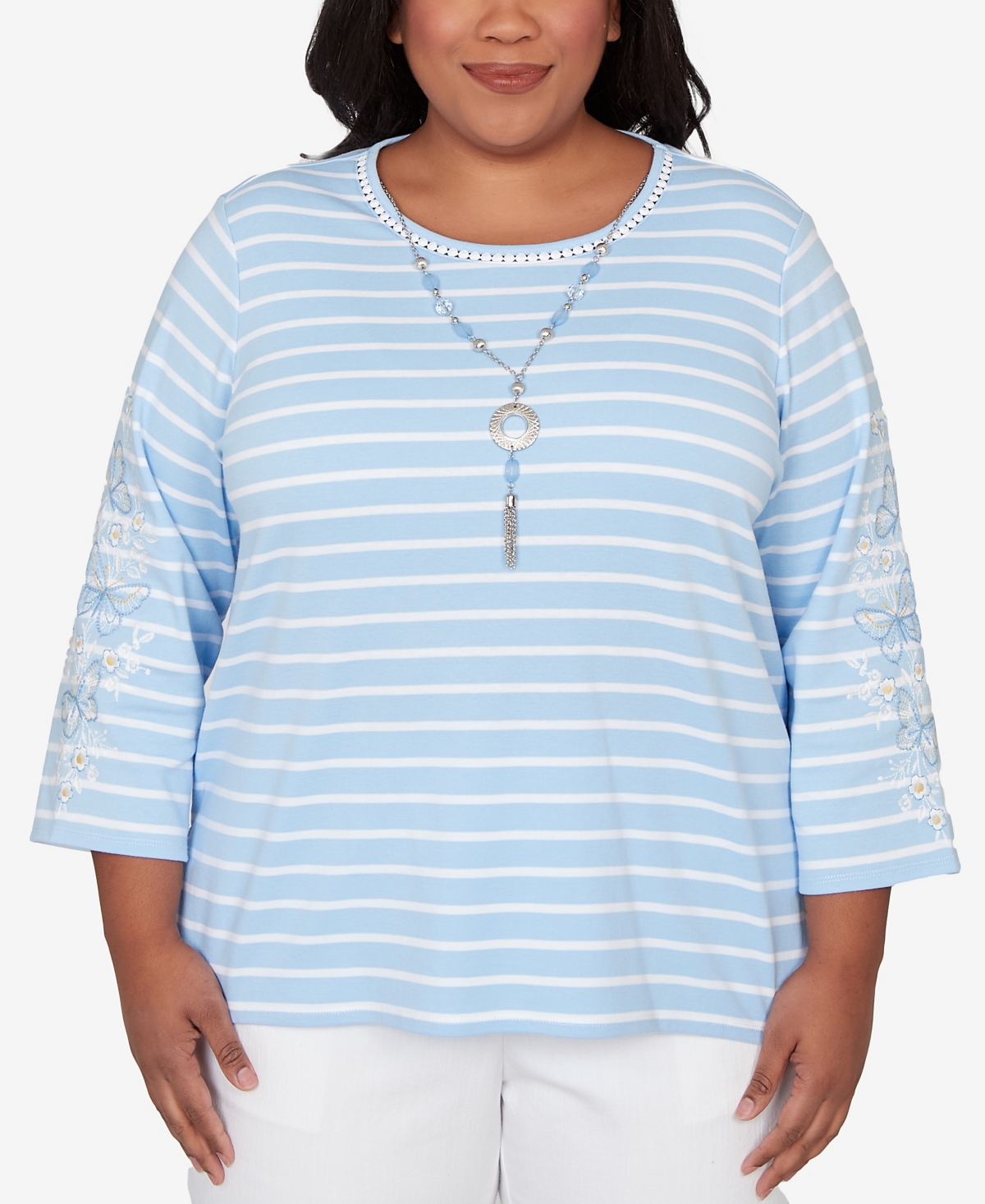 Alfred Dunner Plus Size Classic Stripe Cornflower Embroidered Sleeve Top With Necklace In Blue