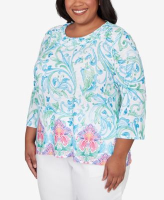 Plus Size Classic Scroll Border Embellished Neck Top