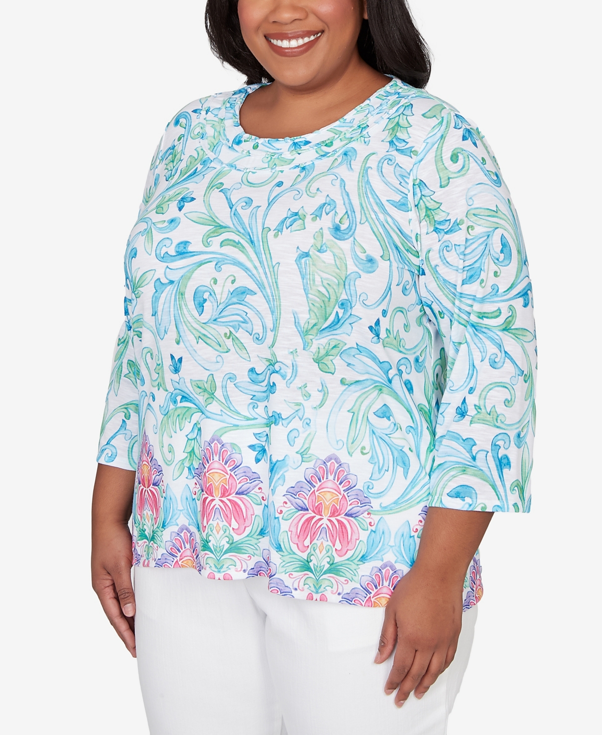 Alfred Dunner Plus Classic Scroll Border Embellished Neck Top