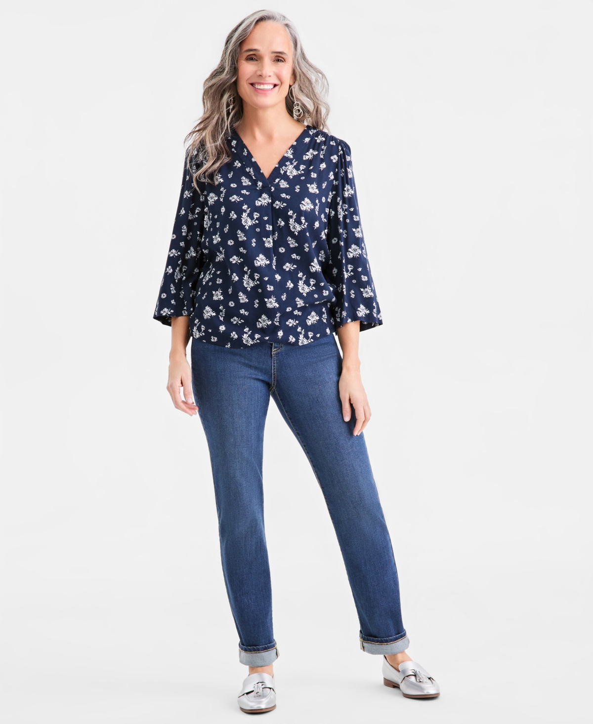 Style & Co Petite V-Neck Bell Sleeves Blouse, Macy's Exclusive