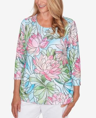 Women's Classic Stained Glass Floral Print Top with Necklace