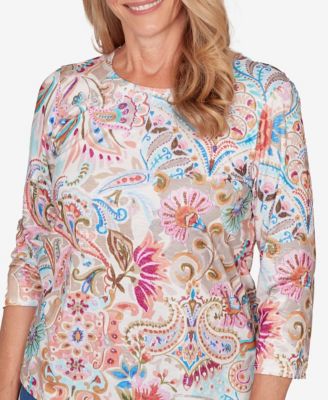 Women's Classic Paisley Floral Pleated Neck Top