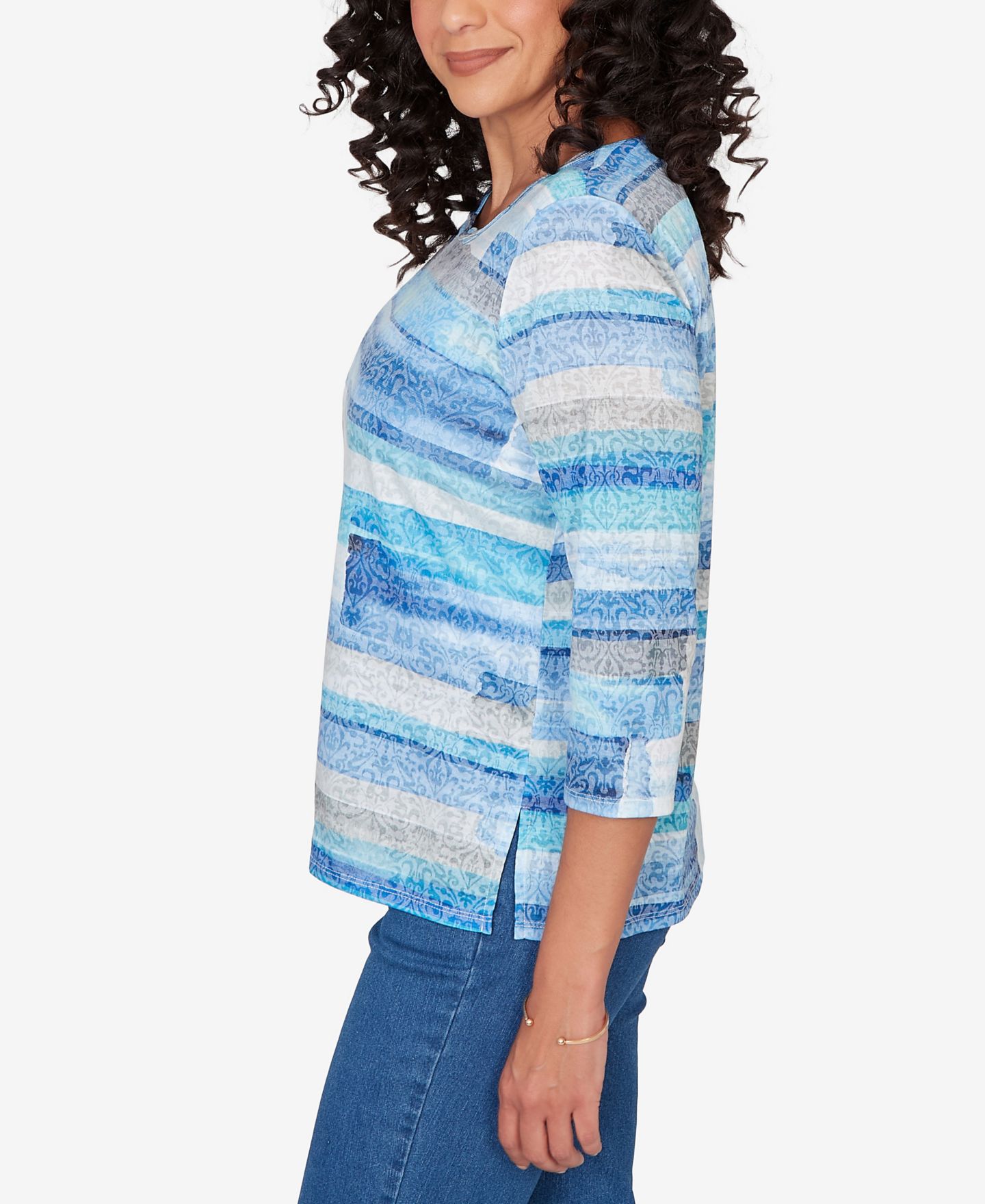 Женский топ Alfred Dunner Classic Brushstroke Biadere Embellished Neck, цвет: Синий — фото 3