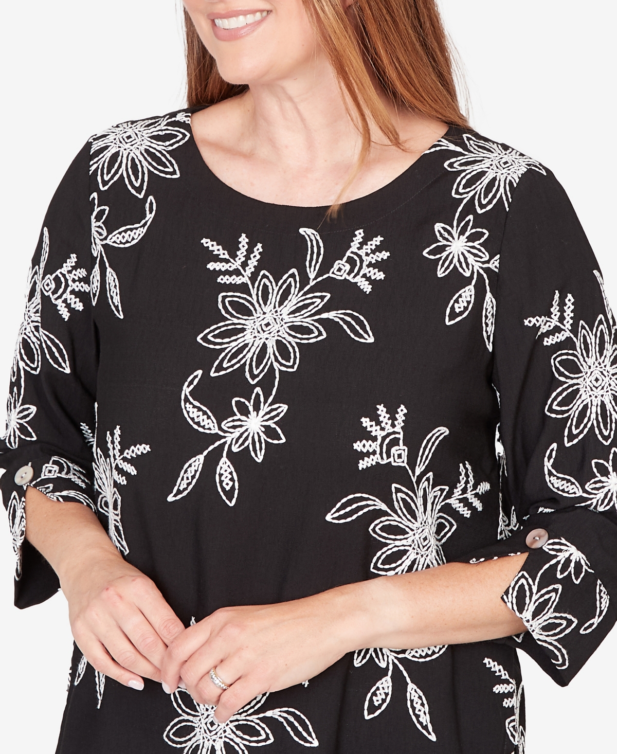 Alfred Dunner Women's Classic Tossed Floral Embroidered Top