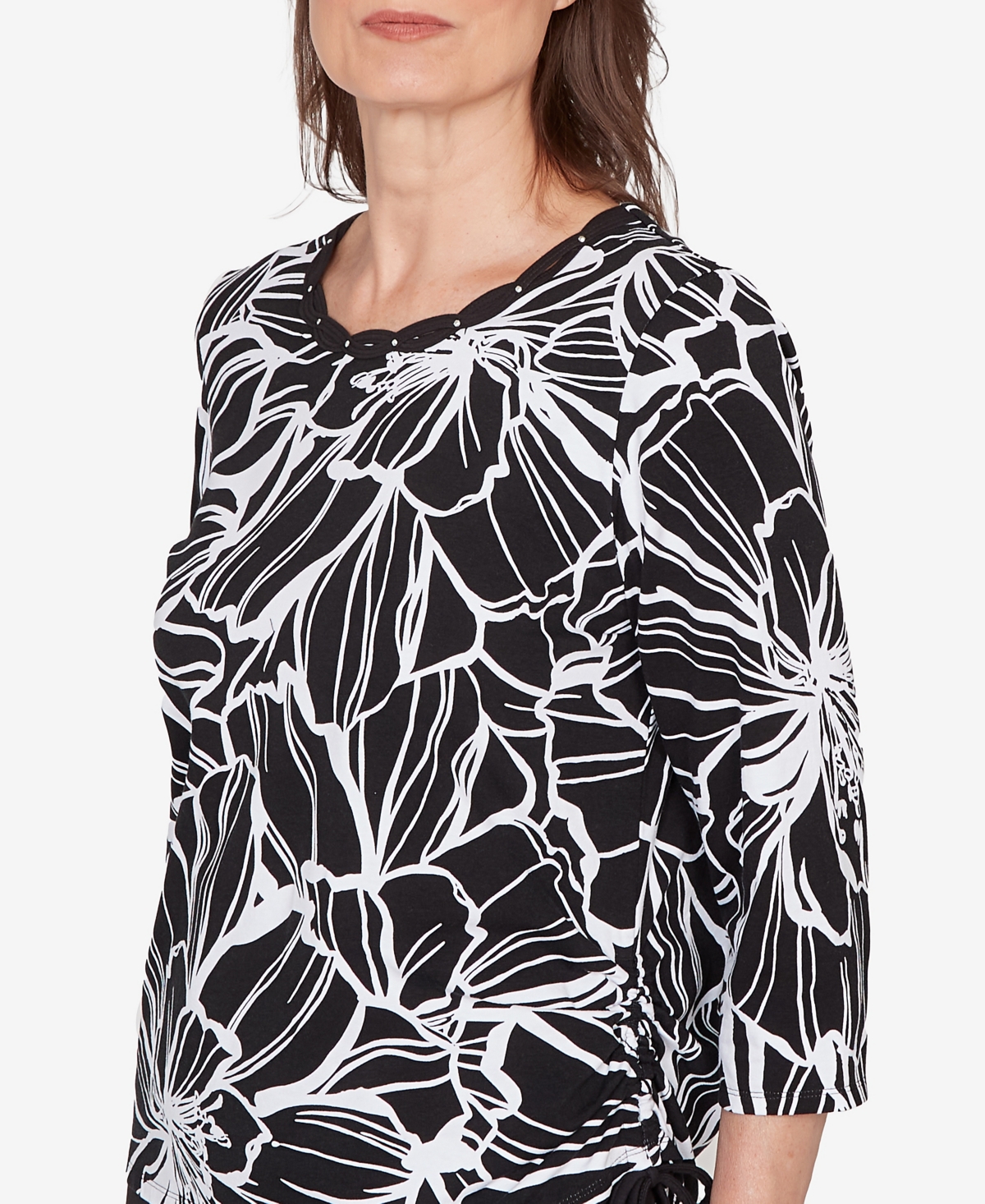 Alfred Dunner Women's Classic Floral Linework Side Tie Ruched Top