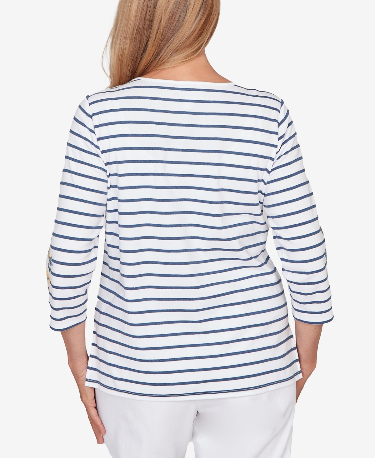 Alfred Dunner Women's Classic Floral Embroidered Stripe Top with Necklace