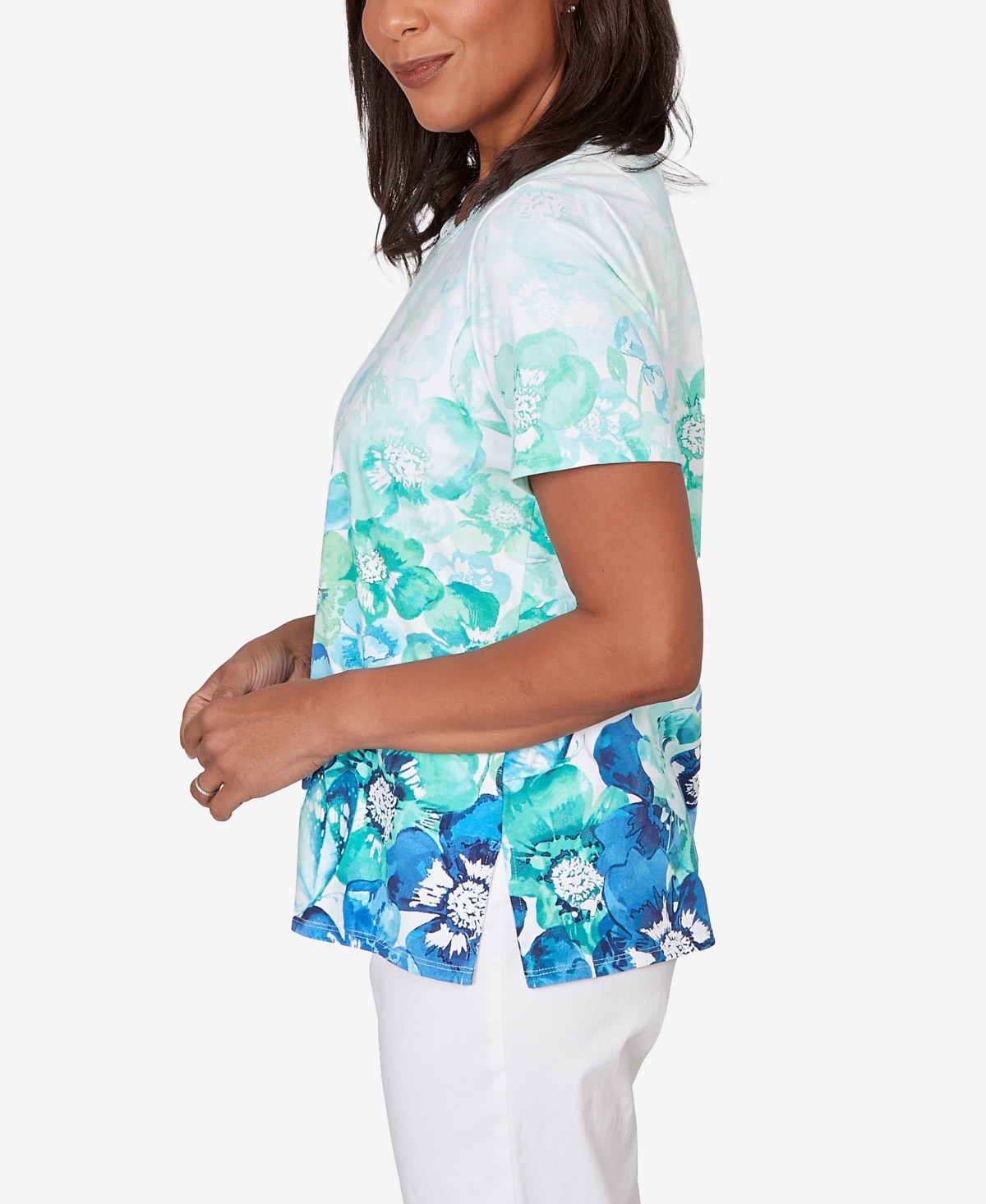 Alfred Dunner Women's Floral Ombre Embellished Neck T-Shirt