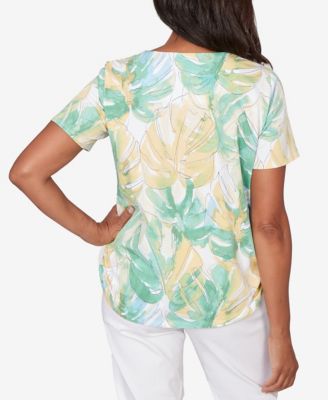 Women's Tropical Leaf Beaded Neck Ruched T-Shirt