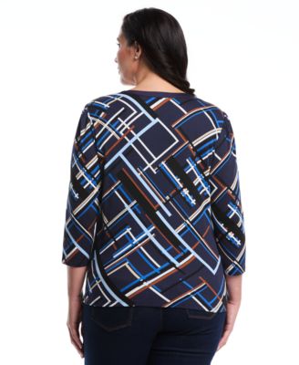 Plus Size Plus Size Tossed Stripe Print 3/4 Puff Sleeve V-Neck Top