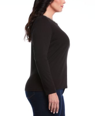 Plus Size Plus Size Embellished Neck Long Sleeve Top