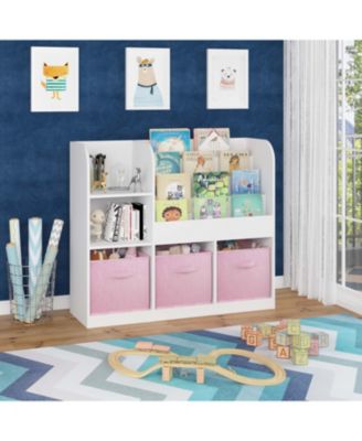 White/Pink Kids Bookcase with 3 Collapsible Fabric Drawers for Bedroom