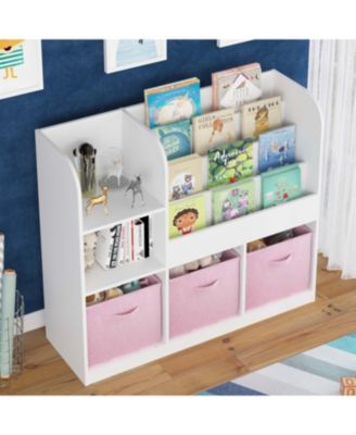 White/Pink Kids Bookcase with 3 Collapsible Fabric Drawers for Bedroom