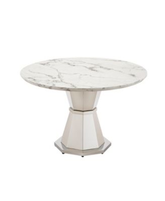 47" Round Marble Dining Table, High Gloss Faux Marble Top, Stainless Steel Base (White