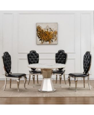 47" Round Marble Dining Table, High Gloss Faux Marble Top, Stainless Steel Base (White