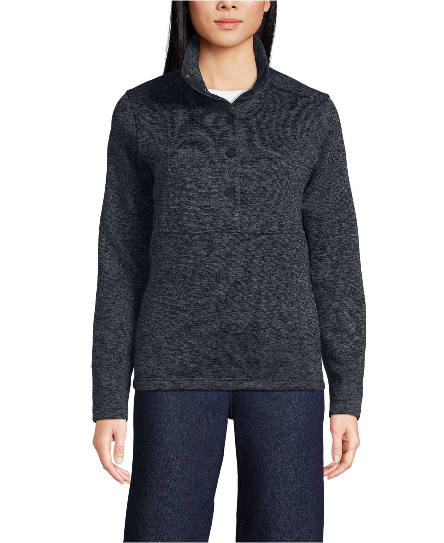 Женская куртка Lands' End Sweater Fleece Snap Neck Pullover, цвет: Чёрный меланжевый — фото 1