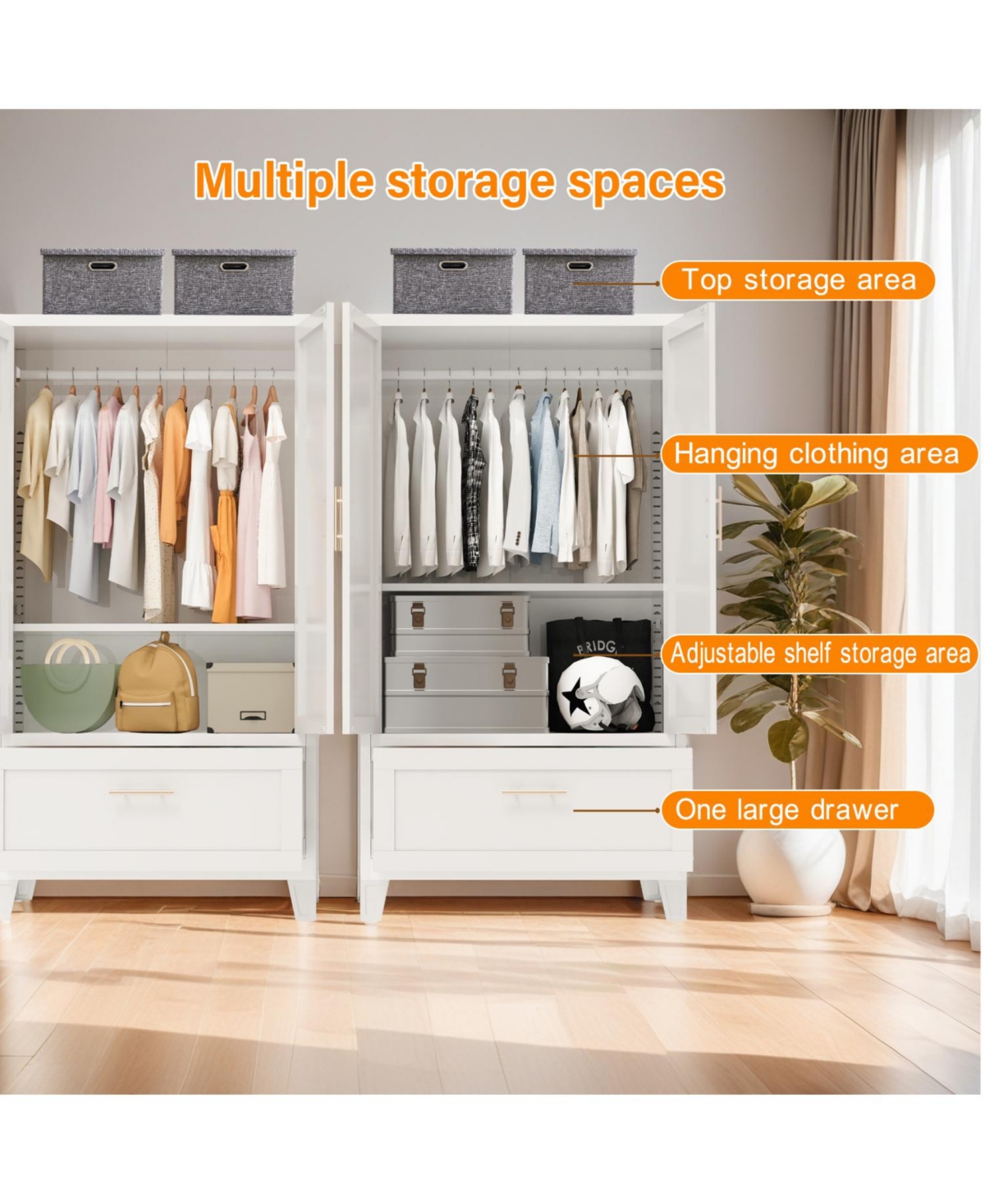 Streamdale Furniture 60" Metal Wardrobe Cabinet with Drawer, Hanging Rod & Shelf (White)