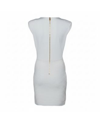 Women's White Textured Knit Lace Up Tie Detail Mini Dress