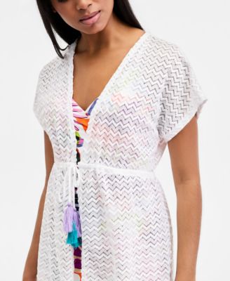 Juniors' Crochet Tassel-Trimmed Tie-Front Kimono Cover-Up