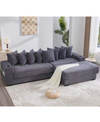 Corduroy L-Shaped Sectional Sofa with Ottoman, Pillows & Cup Holders
