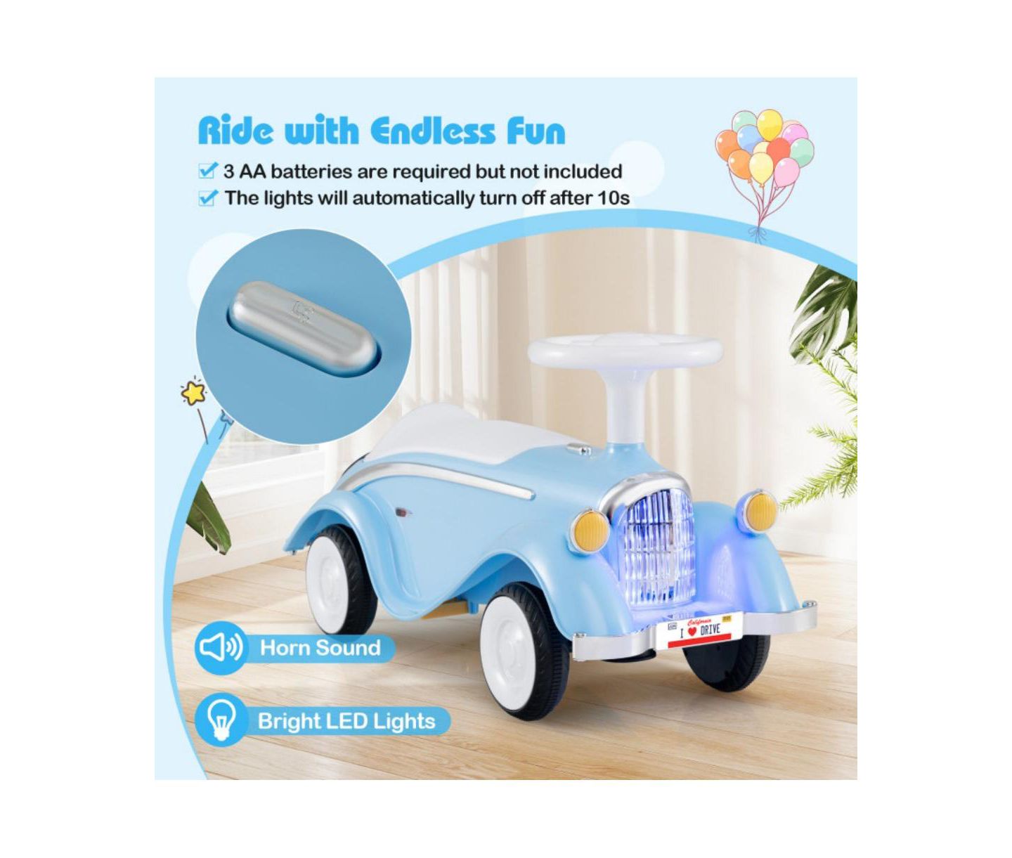 Детская игрушка HONGGE Toddler Ride On Sliding Car with Horn and LED Headlight, цвет: Синий — фото 10