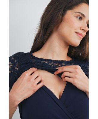 Maternity 3/4 Sleeve Lace Bodice Pleated Nursing Dress