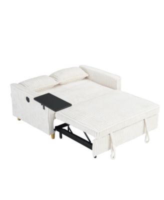  Beige Corduroy Pull-Out Sofa w/ Movable Tabletop & USB