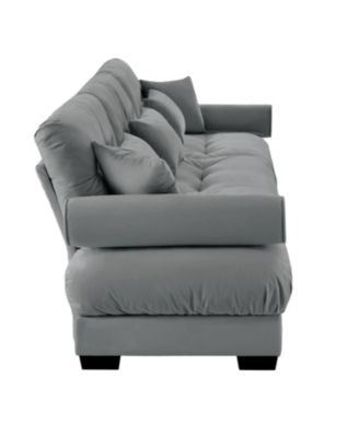 Large Modern Velvet Sofa with Pillows - Grey