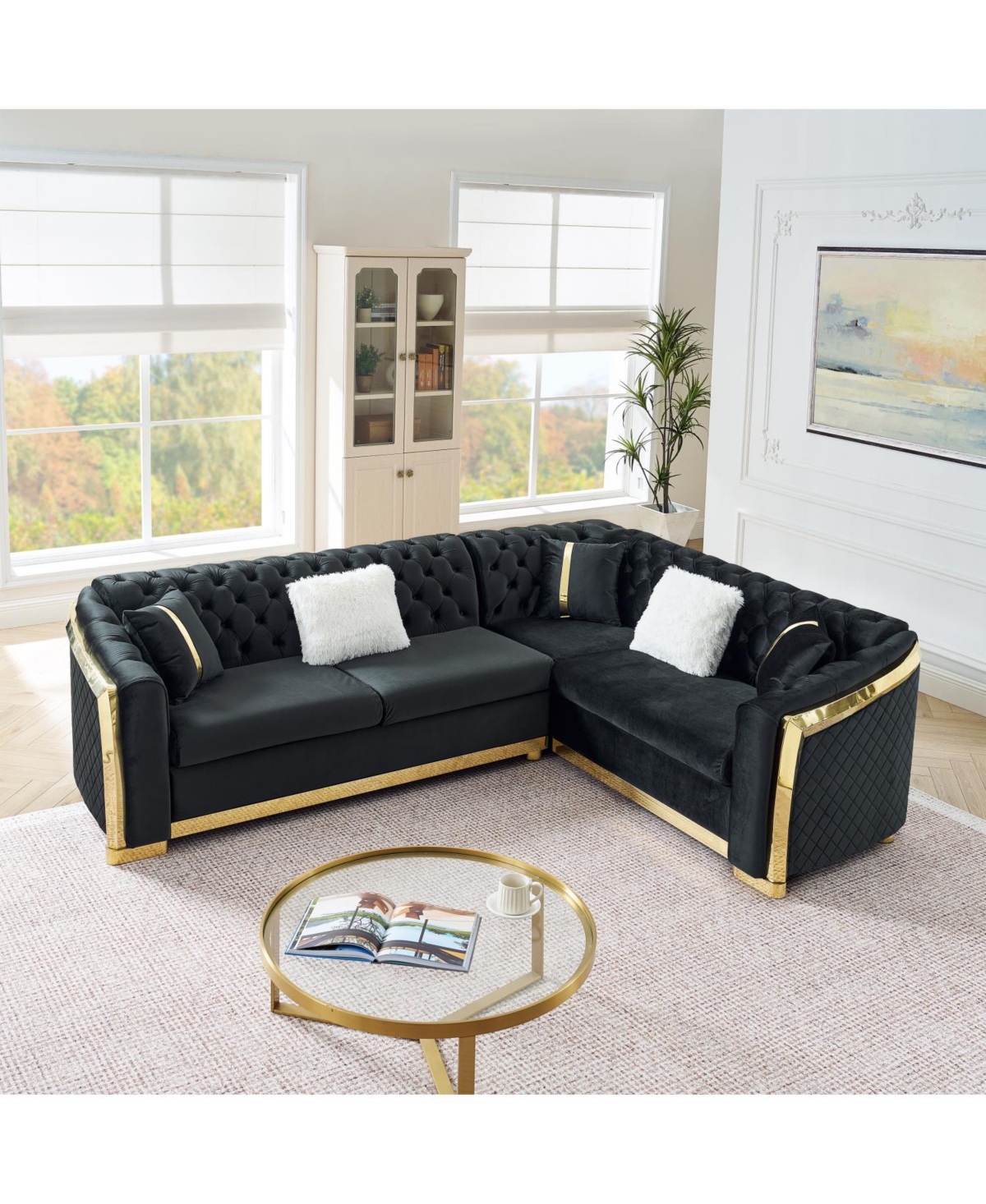 Streamdale Furniture L-Shaped Chesterfield Sectional Sofa, Velvet, Gold Accents, Black