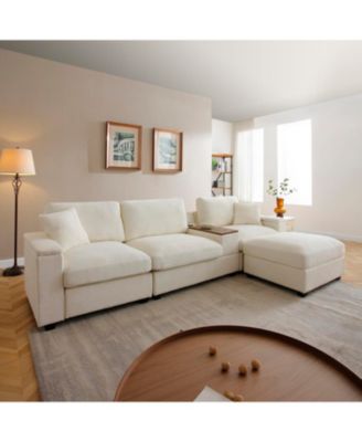 Oversized L-Shaped Sectional Sofa with Drop Down Table & Storage Ottoman